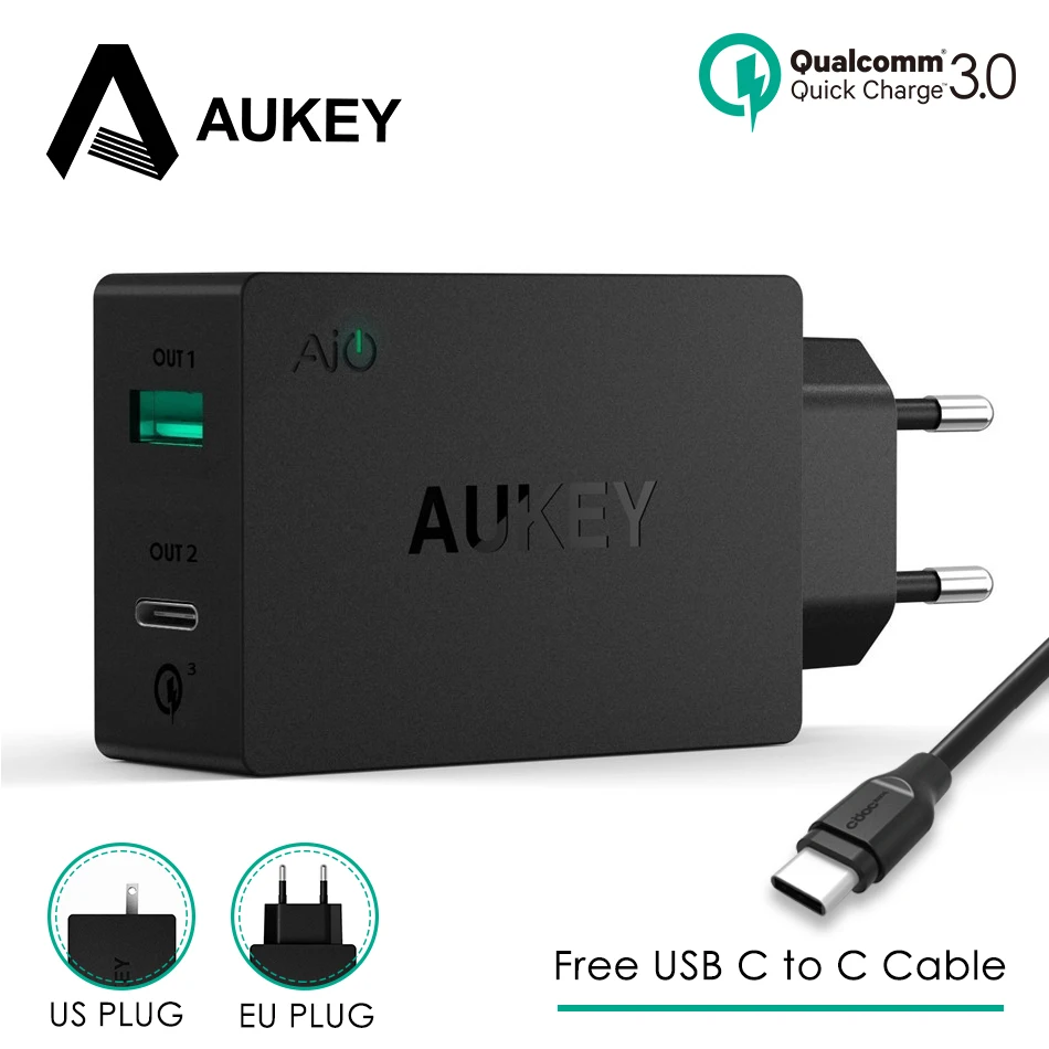 2 in 1 Phone Charger Universal AUKEY USB Charger Type C Quick Charge 3.