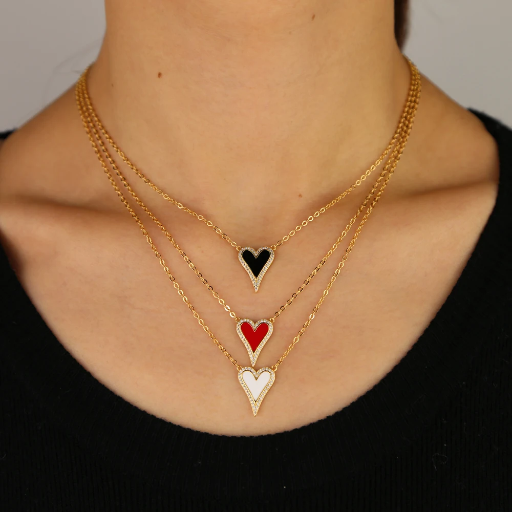 RED BLACK WHITE enamel romantic heart pendant necklace Gold filled girlfriend lover gift lovely heart design new jewelry - Image 2
