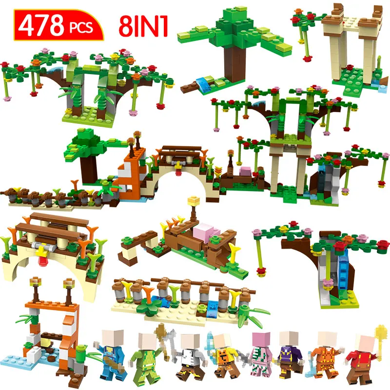 

478Pcs Create My World Bridge Tree 8 in 1 Building Blocks Bricks Compatible Legoed Minecrafted Figures Children Education Toys