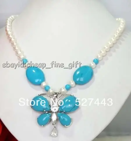 

Wholesale 7-8MM white FW pearl Turquoise Butterfly Necklace