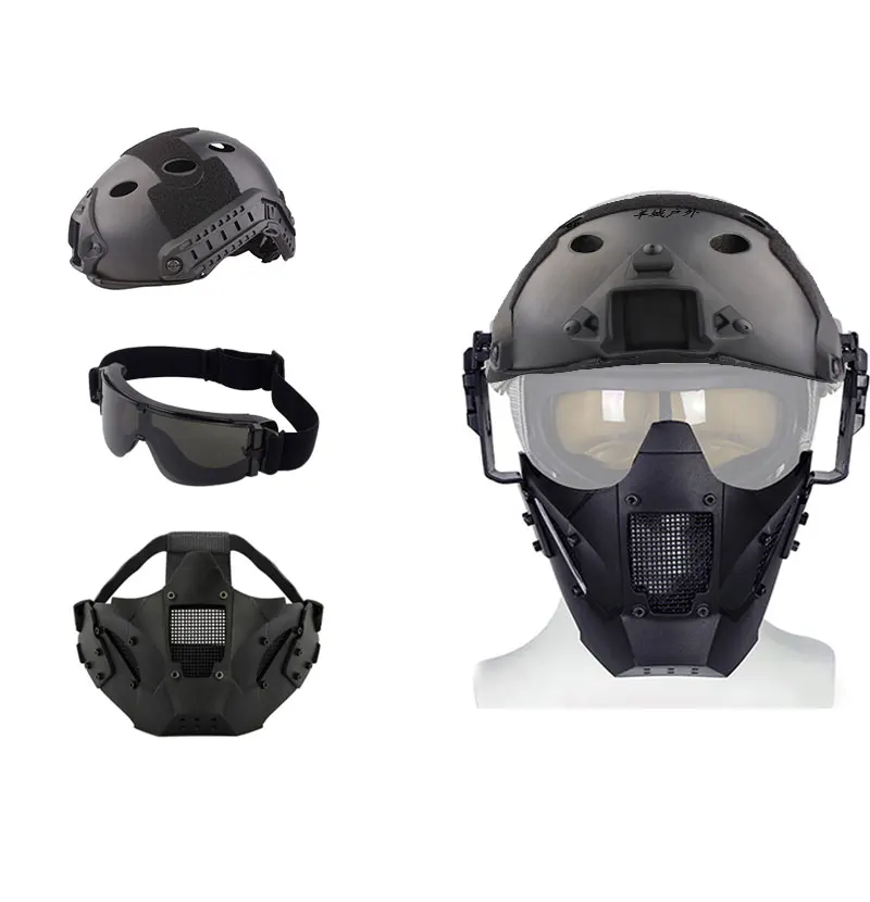 Набор из 3 предметов, тактические очки, металлическая сетка, тактическая маска с быстрым шлемом, для страйкбола, охоты, спортивные, вечерние, для игр - Цвет: 3 set-Black