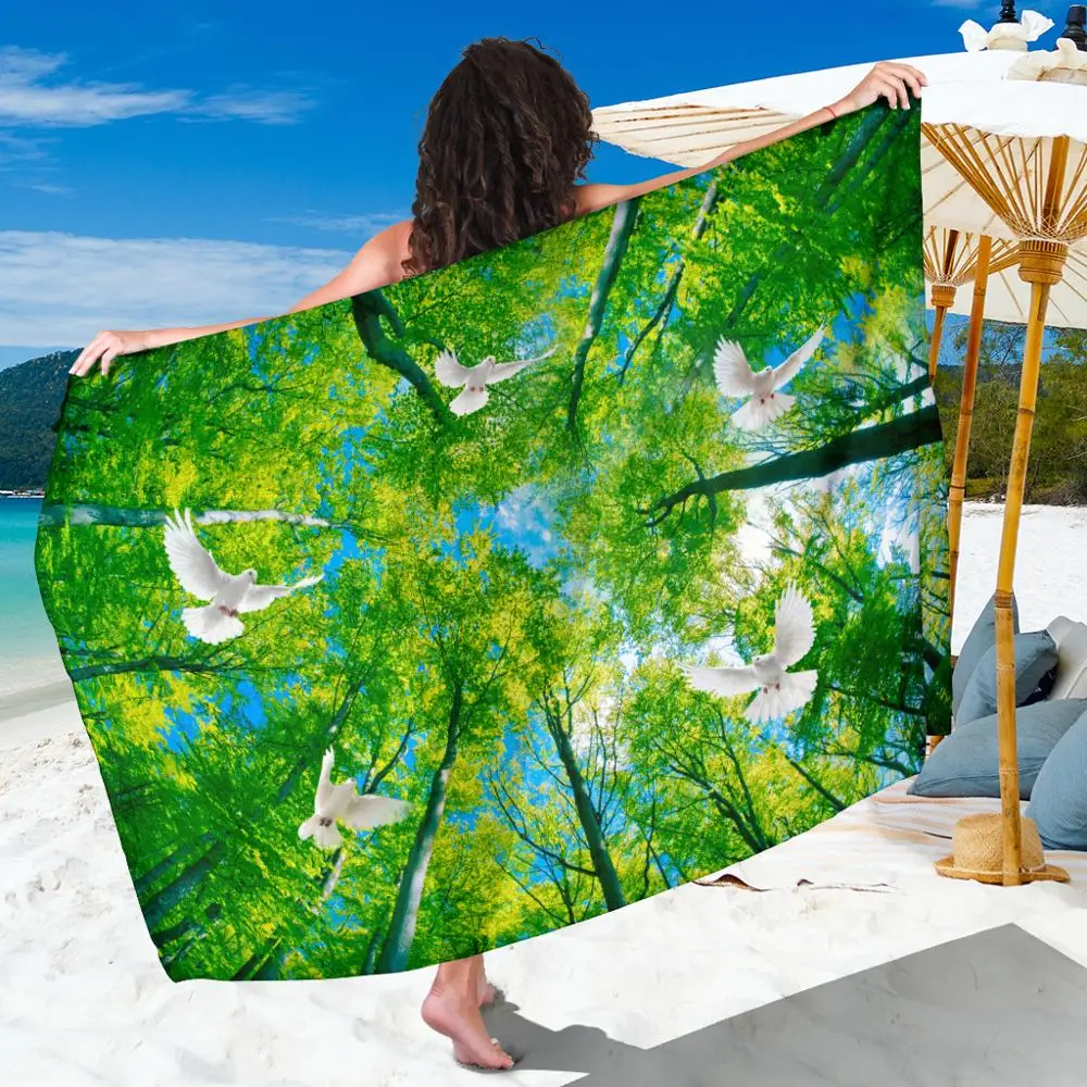 

Green Forest Flying Pigeon Large Beach Towel Chiffon Fabric Long Chiffon Scarf Shawl Beach Sarong Bikini Cover-ups Plus Size New