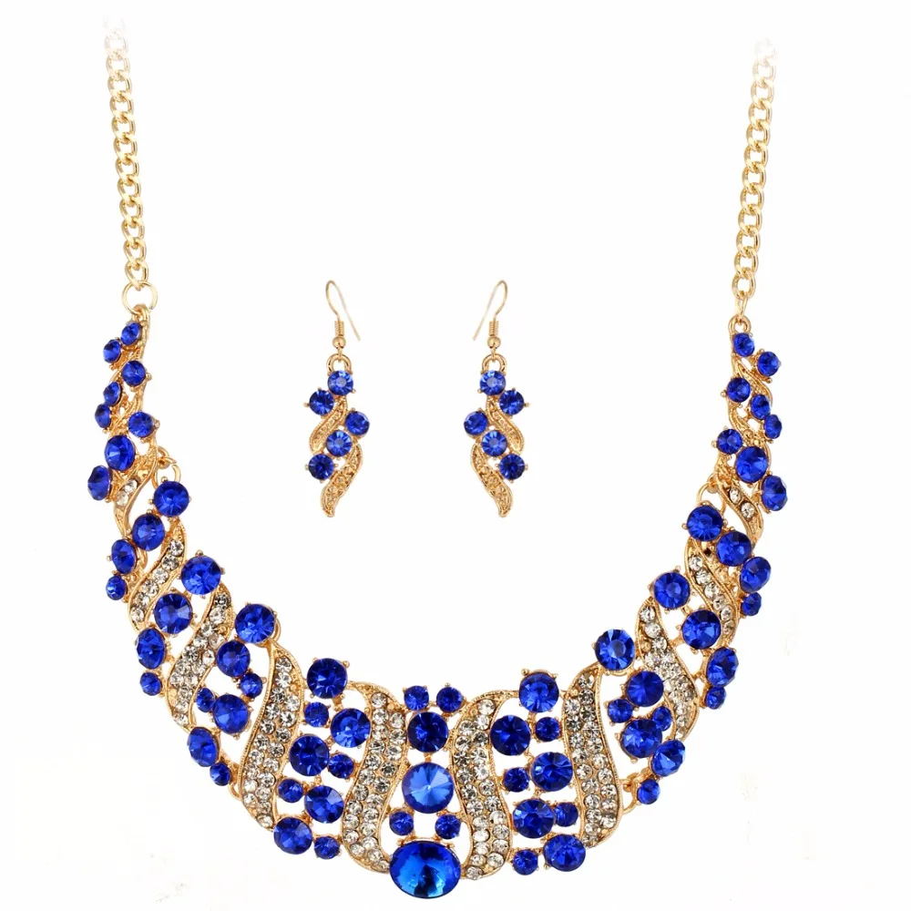 

engagement jewelry sets gold color statement bib choker necklace drop earrings blue rhinestone gem stone pendant necklaces