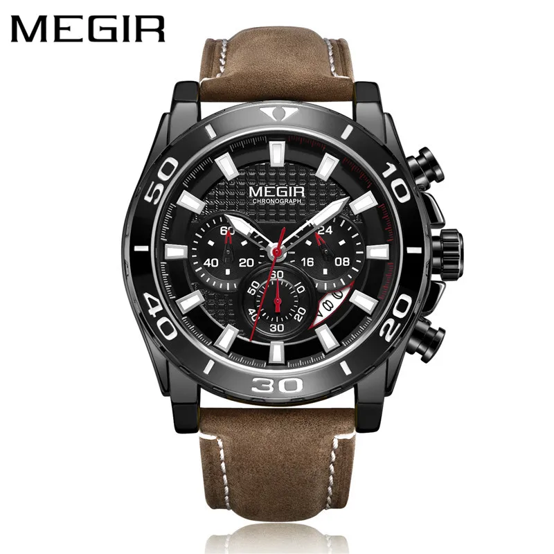 ME209402 Мужские часы MEGIR с хронографом, топ класса люкс, брендовые кварцевые мужские часы с кожаным ремешком, военные армейские спортивные часы с датой, Подарочная коробка 2094 - Цвет: ME209402
