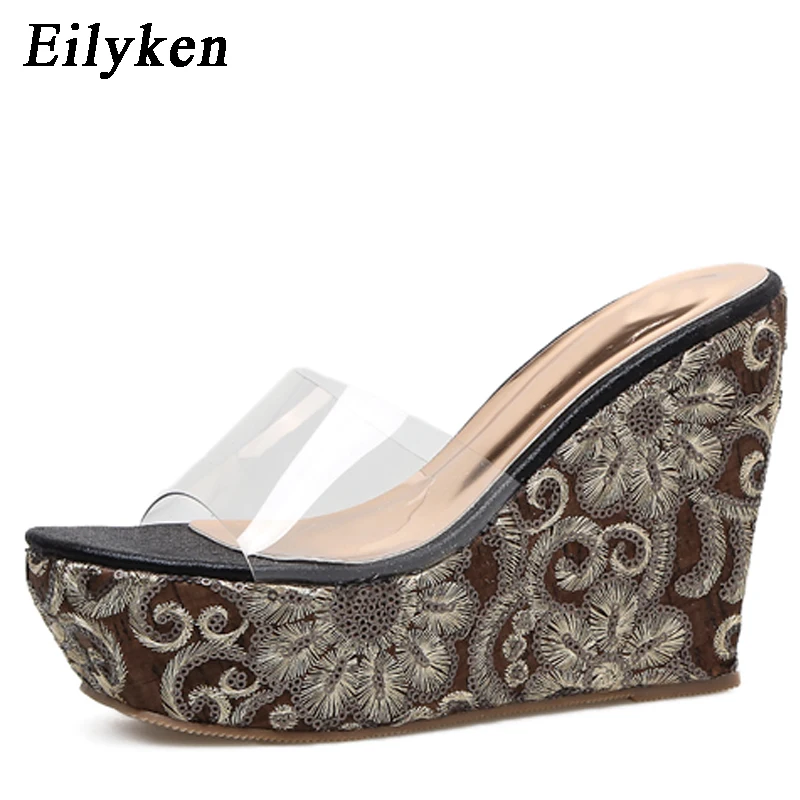 Eilyken 2019 New Summer Transparent Platform Wedges Embroidered Sandals Women Fashion High Heels 