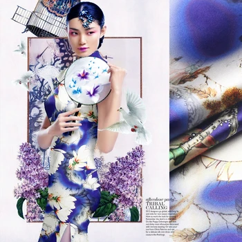 

printing silk cloth fabric silk heavy Stretch Satin cheongsam clothing material [Magnolia bud]