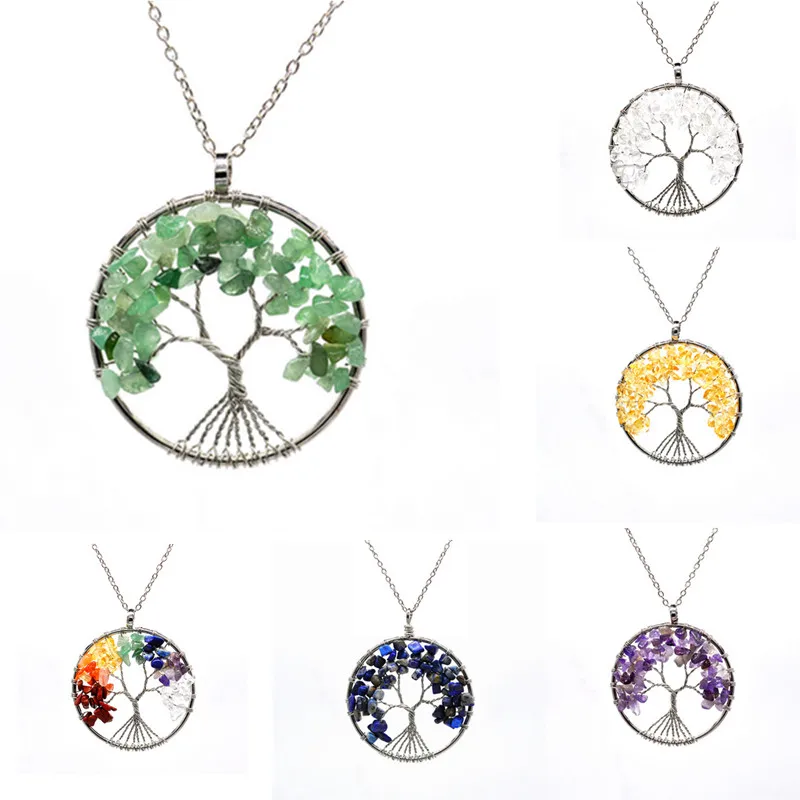 

7 Chakra Tree of Life Pendant Necklace Copper Crystal Natural Stone Necklace Quartz Stones Pendants Women Christmas Gift