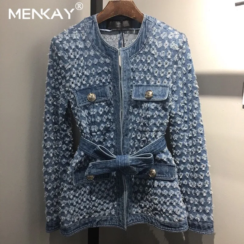 

[MENKAY] Vintage Women Jean Jacket Witrh Belt 2019 Autumn Long Sleeve Pockets Denim Jackets Women Loose Outwear Female