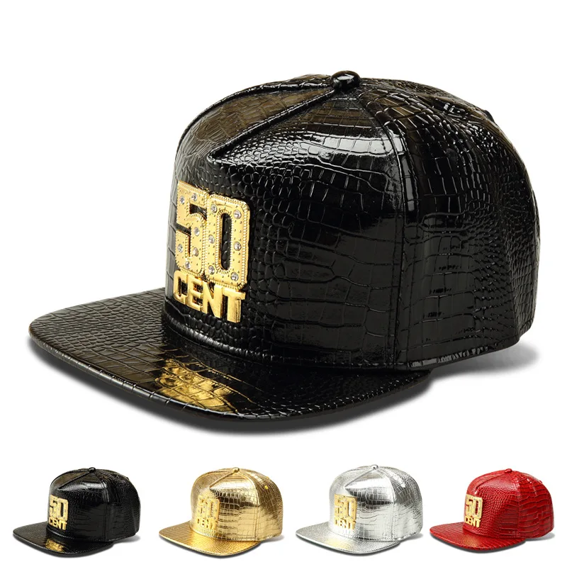 

Leather Cap Snapback Hats Wholesale Bling Iced Out Gold 50 CENT Baseball Hat Hip Hop Man Cap Gold Brim Bone