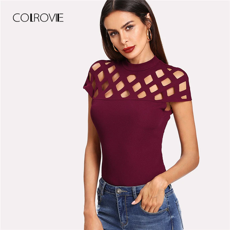 Buy COLROVIE Cutout Neckline Zip Back Tee Maroon Stand
