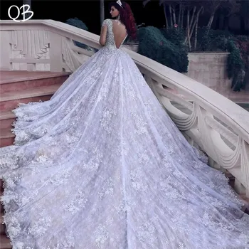 

Empire Long Sleeve Fluffy Lace Crystal Beaded Big Train Luxury Vintage Wedding Dresses Vestidos de Novia Custom Made DW233