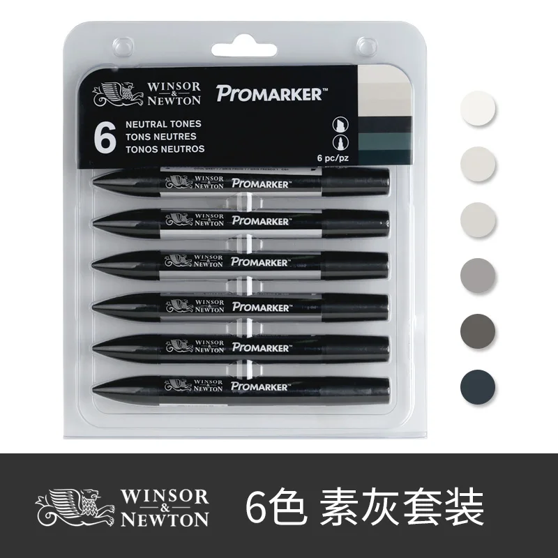 WINSOR&NEWTON Professional Marker Pen 6/12 Colors Double-side(round toe and oblique) Drawing Design Marker Pen Art Supplies - Цвет: 6 colors