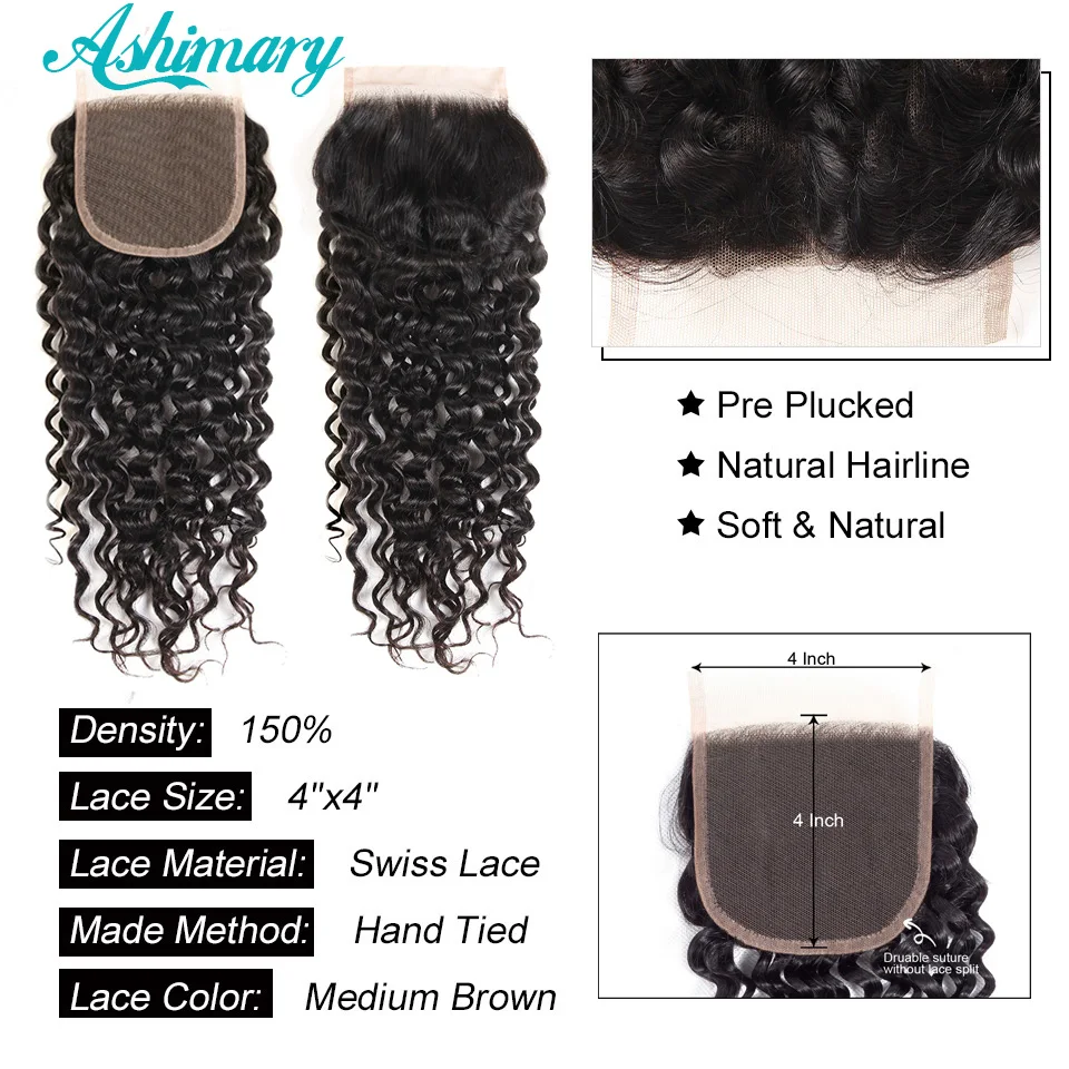 Ashimary Water Wave Bundles with Closure Brazilian Water Wave Free Part Lace Closure with bundles Non-Remy Hair