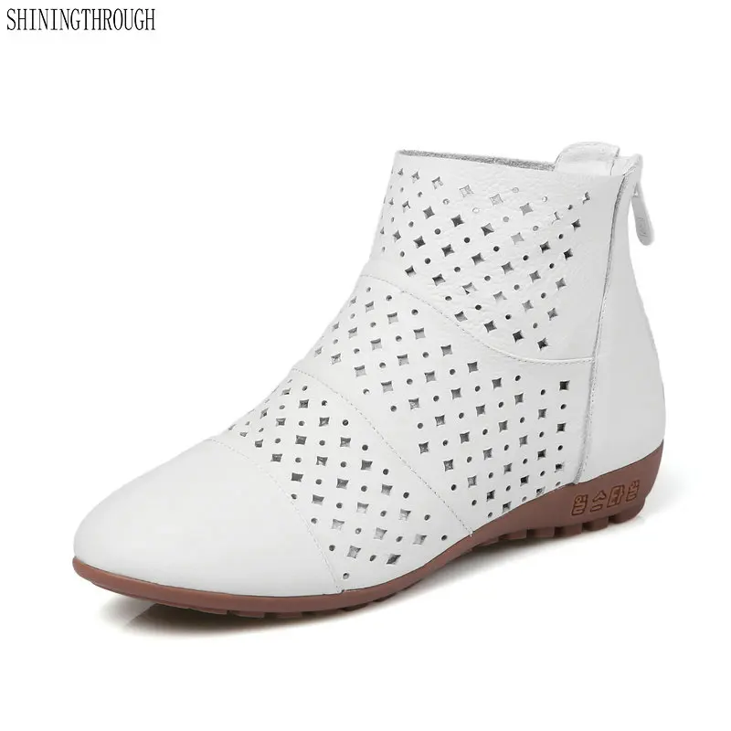 

2019 summer 100% cow Leather Ankle Boots Handmade Lady soft Flat shoes woman comfortable Casual backe Zip Ankle Boots size 43 44