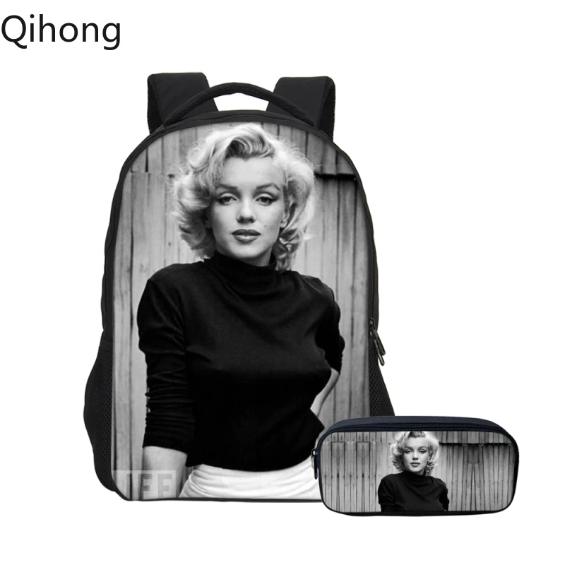 

2019 New 2 PCS/SET Backpacks for Boys Girls Bookbag Fashion Sexy Goddess Marilyn Monroe 3D Printing Backpacks with Pencil Pouch