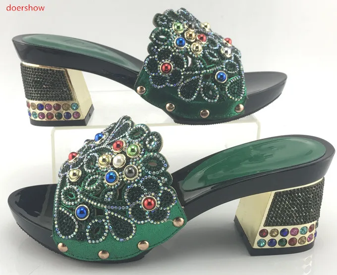 

doershow Hot Selling African Sandal Shoes Italian Crystal Middle Heels Woman Pumps For Party Wholesale On Sale green PMB1-15
