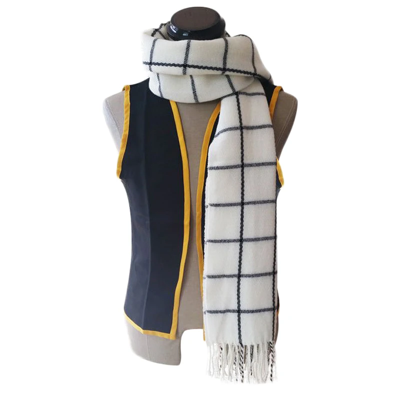 

Winter Warm Cashmere Scarf Anime Fairy Tail Natsu Scarves Cosplay Halloween Fringed Scarf Black&White Lattices High Quality