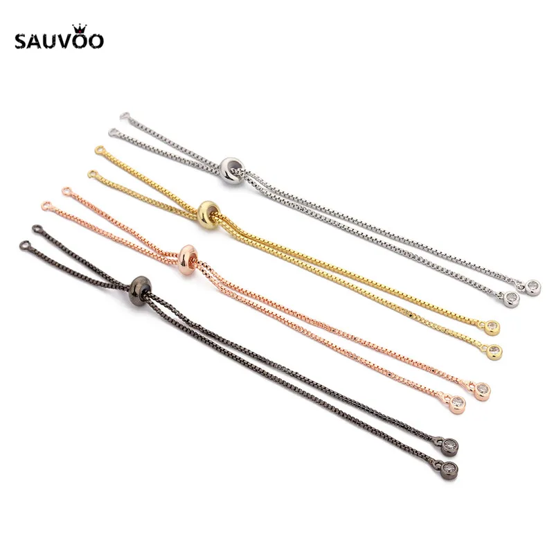 SAUVOO 2pcs Rhodium Black Rose Gold Color Box Chain Link Chains with CZ Tassel Charms for Slide Bracelet Jewelry Making | Украшения и