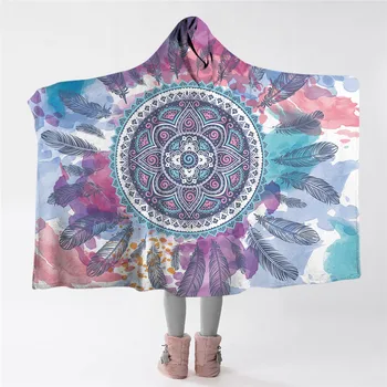 

Psychedelic Hooded Blanket Bohemia Mandala Sherpa Fleece Throw Blanket Watercolor Hippy Adults Kids Wearable Blanket