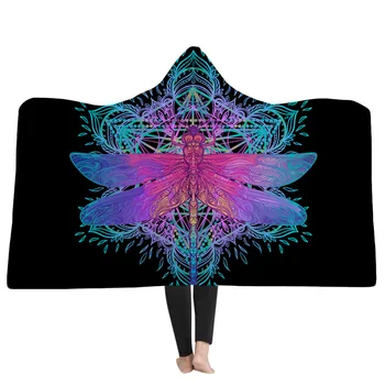 

New Arrival 3D Blankets Black Hooded Blanket 3D Printing Dragonfly Wearable Blanket Home Adults Portable Hooded Blanket