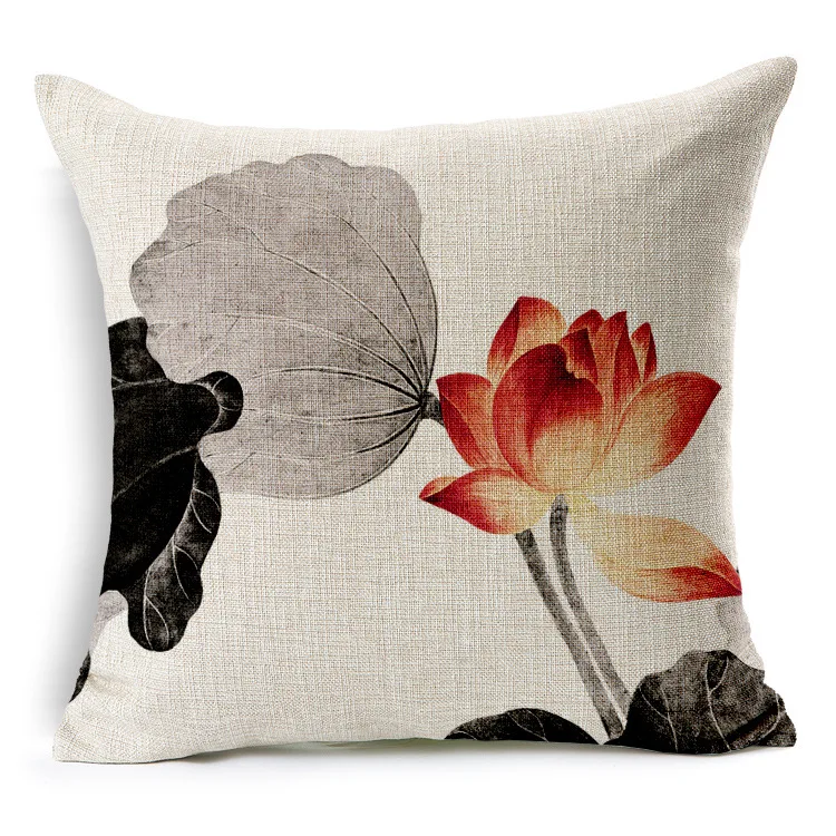 

Chinese Style Ink Lotus Printed Cushion Cover Thick Linen Square Pillow Covers for Sofa Vintage Home Decor Housse De Coussin