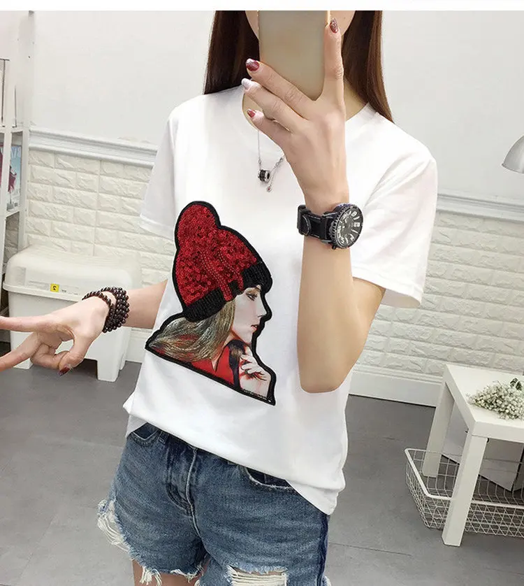 New Summer T-shirt Women Tshirt Plus Size Funny Print Tops Tees Femme Short Sleeve Sequins Poleras Mujer Moda 2018 (5)