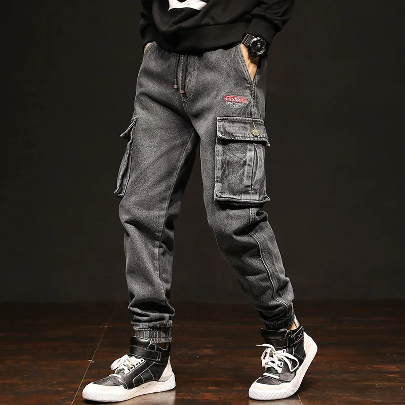 Japanese Style Fashion Men Jeans Retro Vintage Designer Big Pocket Cargo Pants Black Gray Slack Bottom Hip Hop Joggers Jeans Men