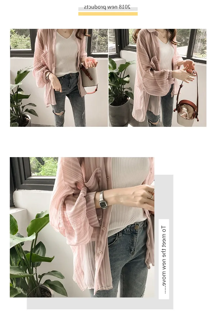 Shirts Women Chiffon Sunscreen Clothing Ladies Korean Style Top Womens Striped Blouse Outwear Loose Shirt Thin Elegant Coat Chic