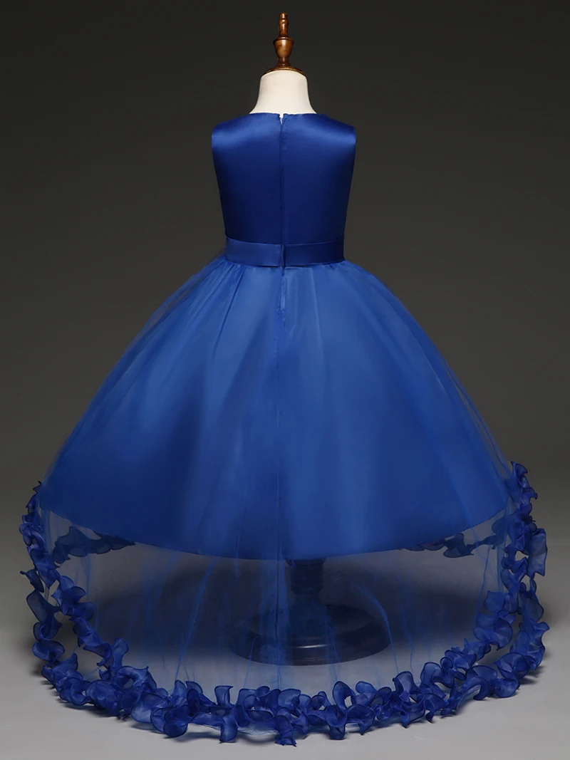 Royal Blue Bloem Meisje Lange Jurk 2020 Zomer Gouden Bloem Riem Tulle Sequin Kid Wedding Party Dress Ruches Vestido Kleding