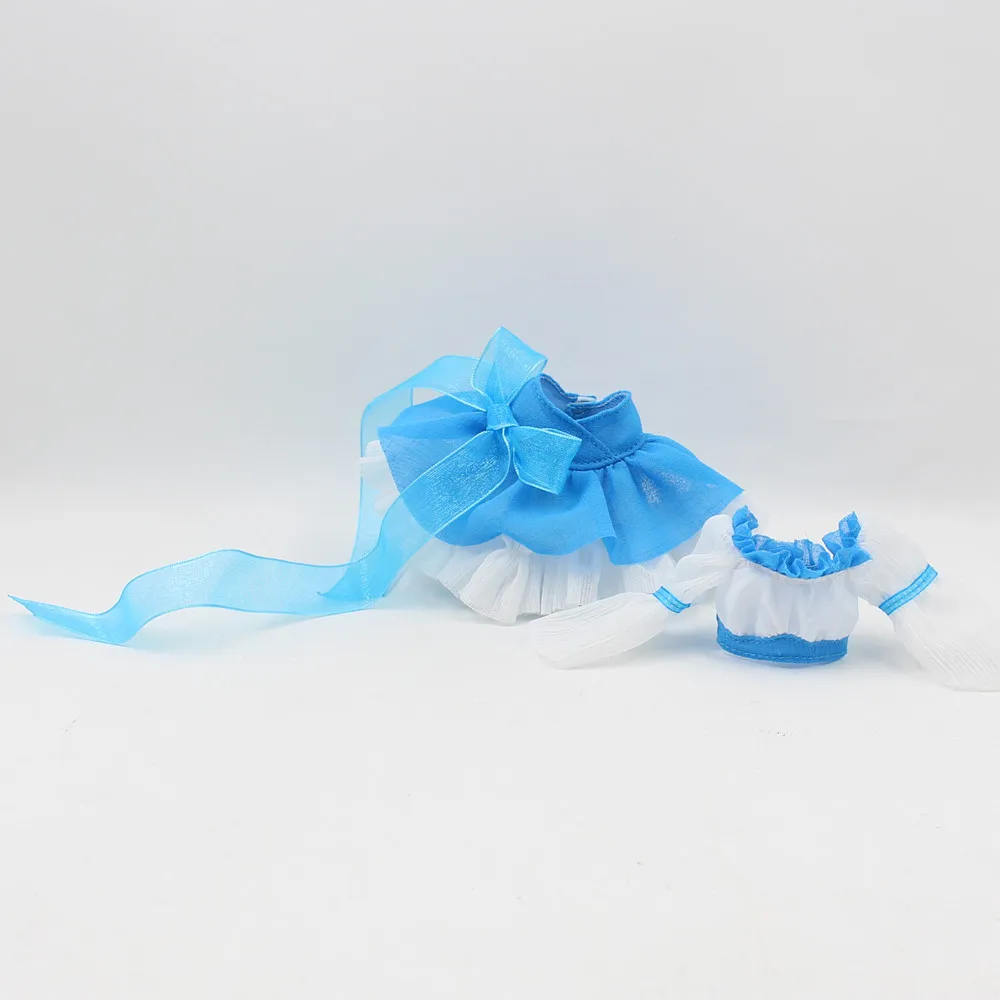 

Free shipping suitable for blyth doll icy lace bow flower long dress clothes sexy blue white