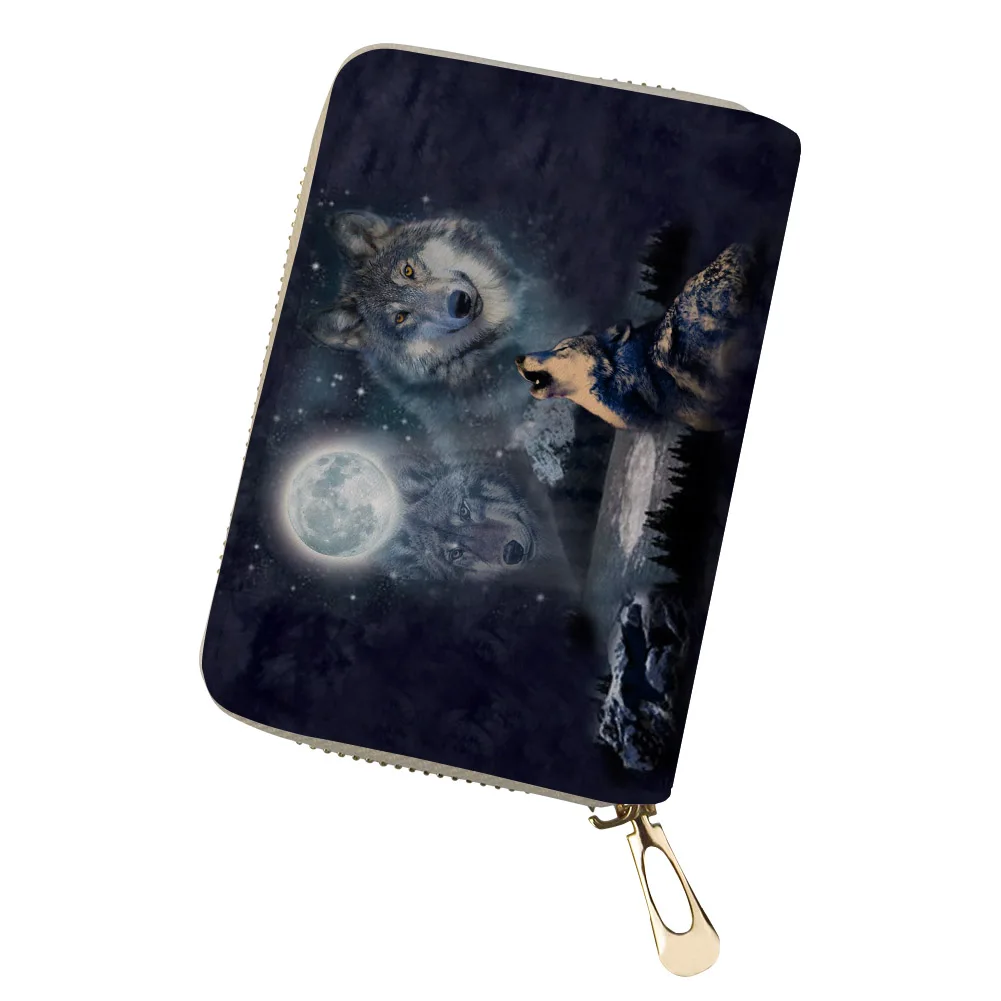 

Mini Men Credit Card Holder Black Wolf Moom Printing Zipper Coin Wallet Cardholder 20 Slots ID Name Card Case Cover Dustproof