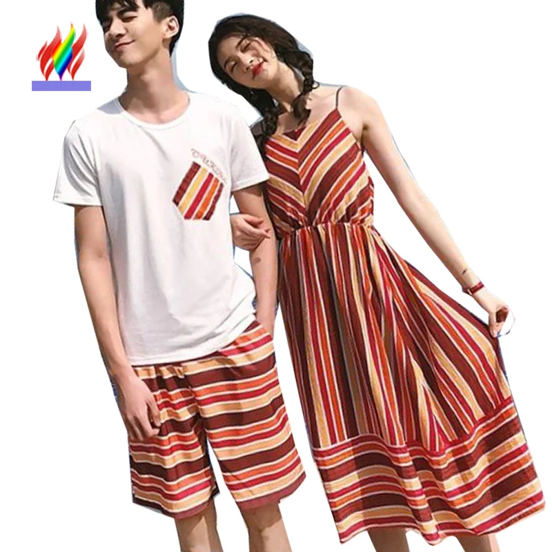 

Matching Couple Clothes Lovers Cute Sweet Dresses Honeymoon Holiday Beach Wear Bohemian Sleeveless Vintage Stripe Long Dress