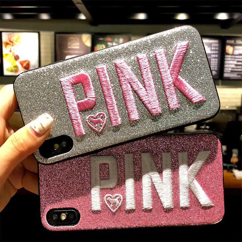 

Fashion Pink Style Embroidery Mobile Phone Cases For iPhone X Glitter Back Cover For iPhone 7 8 Plus Anti-knock Telefone Caixa