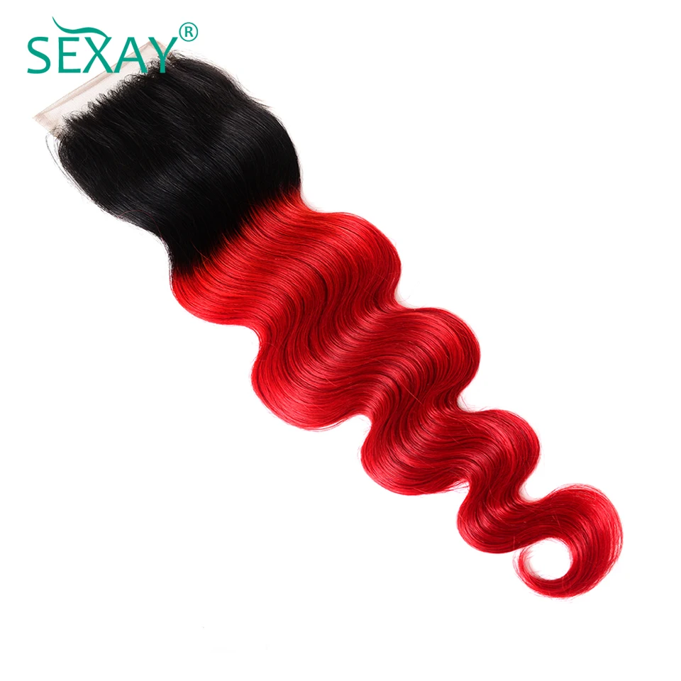 Sexay бразильские объемные волнистые волосы, кружевные накладки, кровяные красные Омбре, человеческие волосы 2 тона 1B/красные, не Реми, предварительно цветные 4x4 закрытия, 1 шт