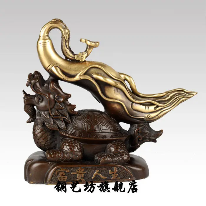 

SS 8'' China Zodiac Dragon Turtle Carry Ginseng Bronze Statue Blessing Good Life