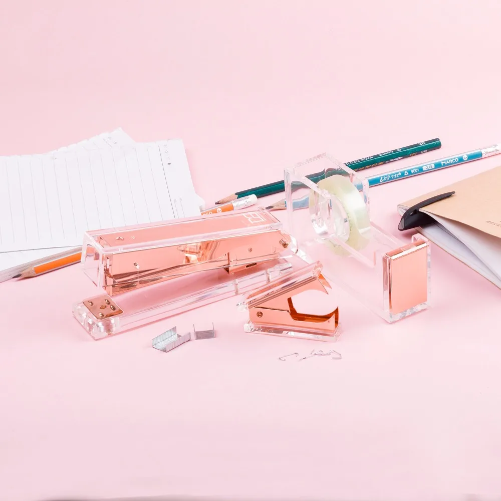 rose gold stapler + staple remover + tape dispenser