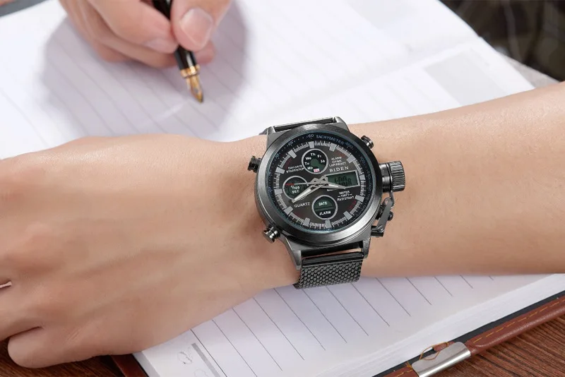 Топ бренд мужские s кварцевые часы Лакшери повседневные часы мужские из нержавеющей стали сетчатый ремешок двойной дисплей спортивные часы Relogio Masculino