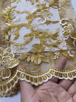 

2019 Latest French Nigerian Laces Fabrics High Quality Tulle African Laces Fabric Wedding African French Tulle Lace Gold Line