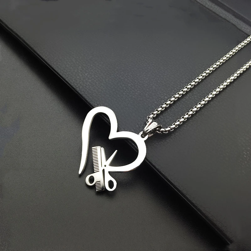

Romantic Love Heart Stainless Steel Pendants Tools Scissor/Comb Lover's Necklace Women Barber Shop Hair Dresser Hip Hop Gift