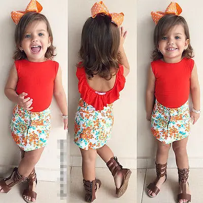 

2017 Girls Cotton Red Tops Flower Pencil Skirt Casual Kids Baby Clothes For 1-7Y