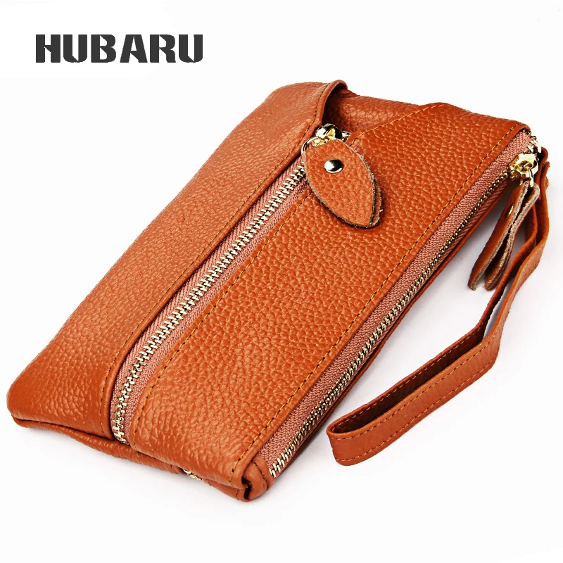 

HUBARU Women Clutch Wallet Genuine Leather Drawstring Female Multi-Function Purse Key Holder Zipper Phone Pocket Coin Purse Girl