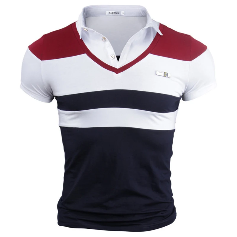 Men's Casual POLO Shirts Cotton Short Sleeve Summer Brand Camisas Patchwork Fake Two Button 