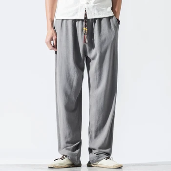 

New 2019 Linen Plus Size M-5XL Men's Straight Hiphop Loose Wide Pant Cotton Big Drop Crotch