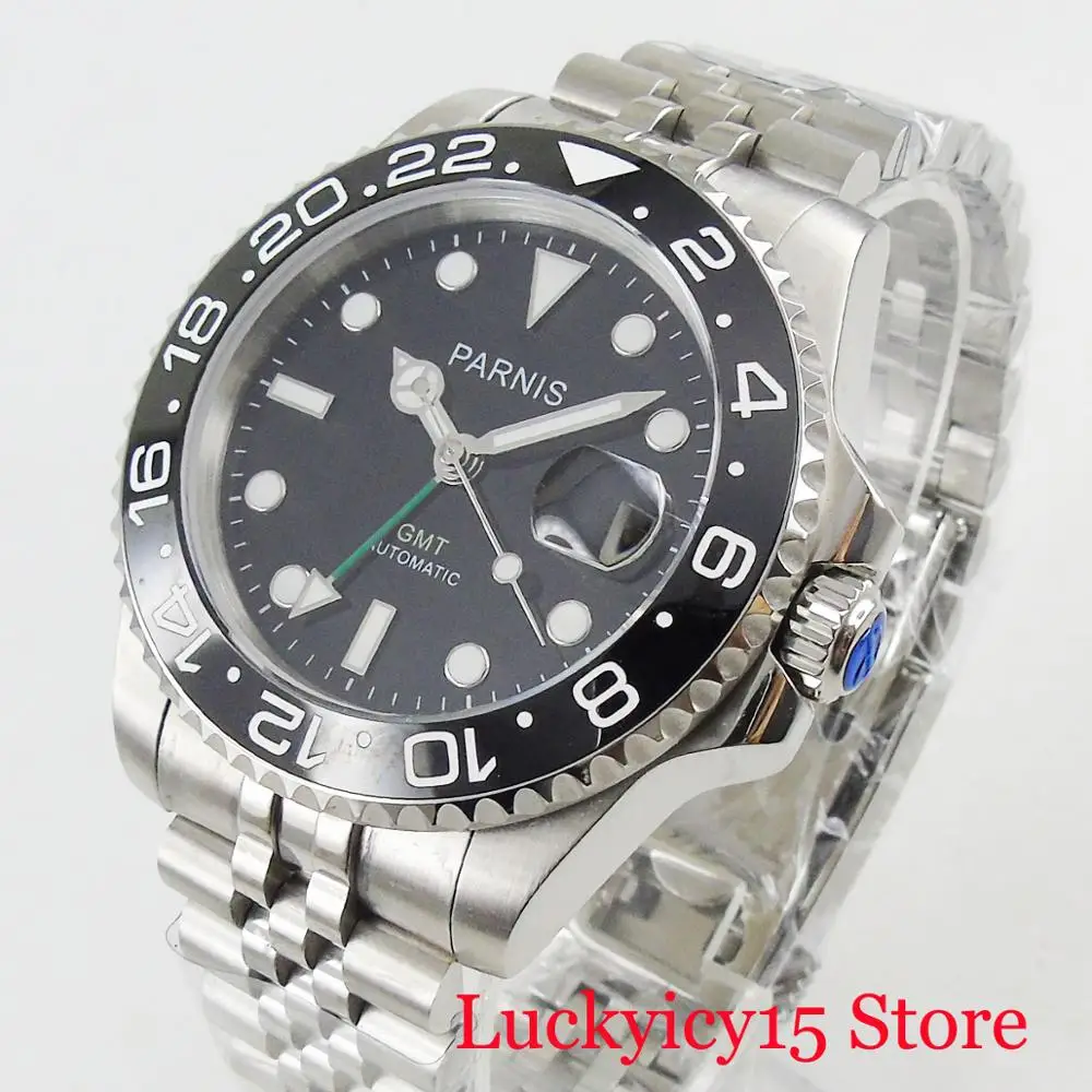 

PARNIS Automatic Men's Watch Green GMT Hand 40mm Luxury Wristwatch Mental Strap