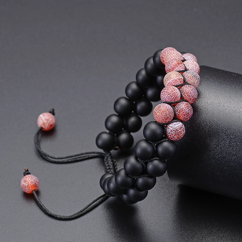 Черный матовый двухрядный браслет из бисера с натуральным камнем, двухслойный Регулируемый тканый браслет ручной работы для унисекс