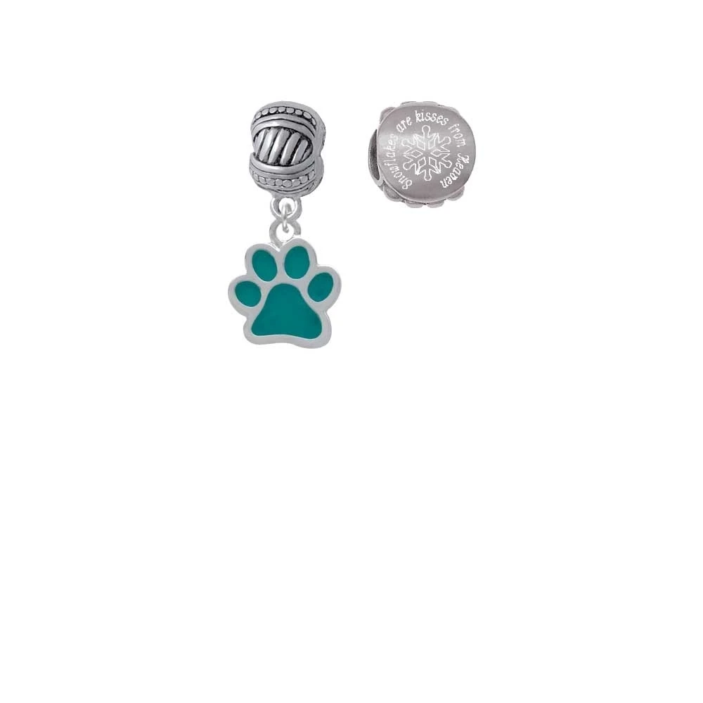 Silvertone Medium Translucent Teal Paw Snowflakes are Kisses from Heaven Charm Beads (Set of 2)