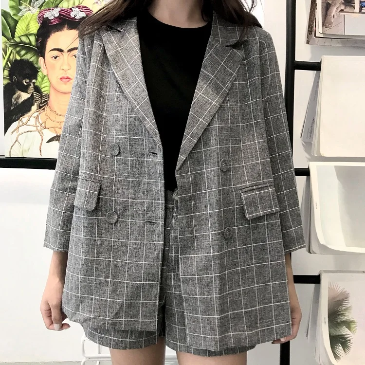 Plaid Blazer Set Women Elegant Office Suit Women OL Work Lattice Two Piece Set Jacket Blazer Coat+ Mini Shorts Female Tracksuit