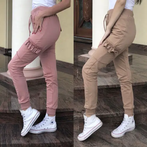

Women's Clothing High Waist Casual Drawstring Elastic Ruffle Solid Long Pants Ladies Pencil Trousers