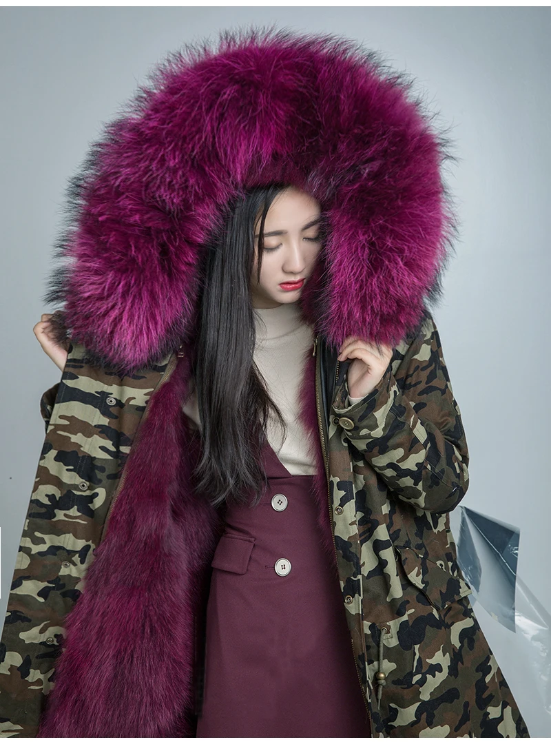 Chaud Collier Raton Luxe Manteau Parka Vrai Renard Laveur Femmes Long Fourrure De short Grand D'hiver Outwear Veste Camouflage Doublure 2017 Style Style Naturel z4IZxzw