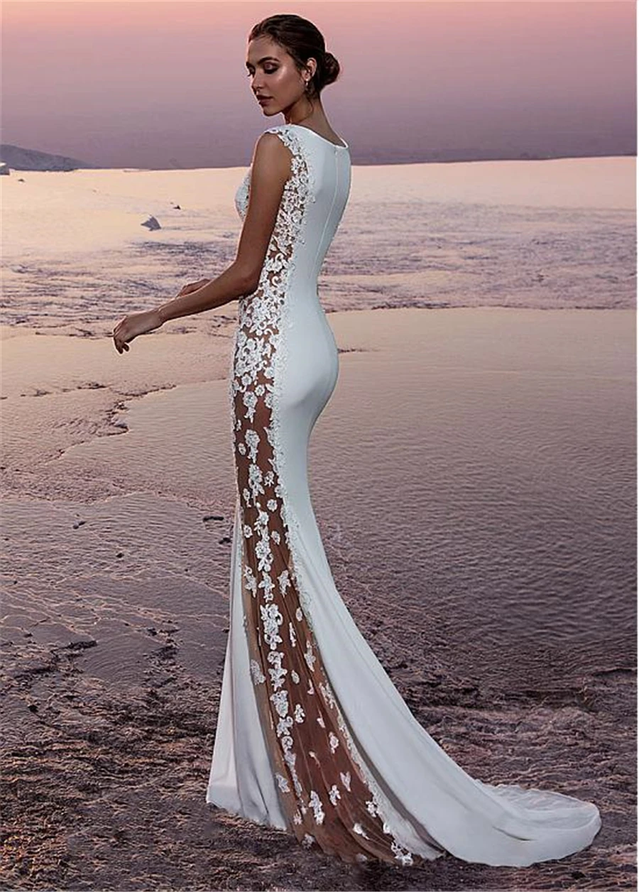 Fabulous Stretch Satin Bateau Neckline See-through Cutout Side Mermaid Wedding Dress With Beaded Lace Appliques Bridal Dress